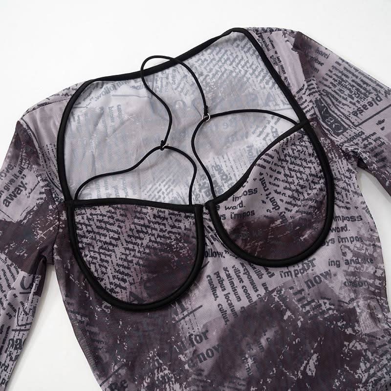 Long sleeve halter letter print button mesh bodysuit