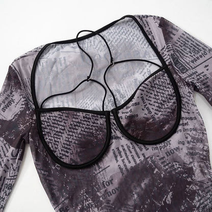 Long sleeve halter letter print button mesh bodysuit
