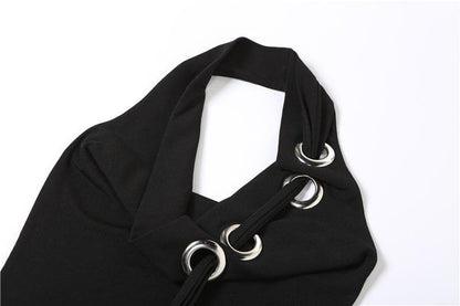 Halter backless hollow out ribbed cowl neck solid cut out top