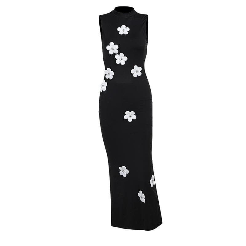 Sleeveless crewneck flower applique backless maxi dress