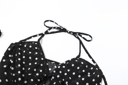 Halter polka dot ruffle chiffon 2 piece see through top