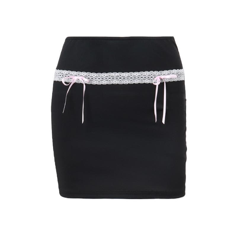Bowknot lace hem ribbon A line contrast mini skirt