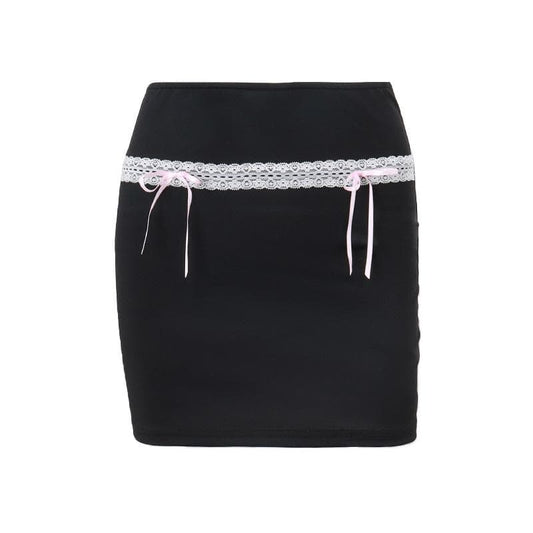Bowknot lace hem ribbon A line contrast mini skirt