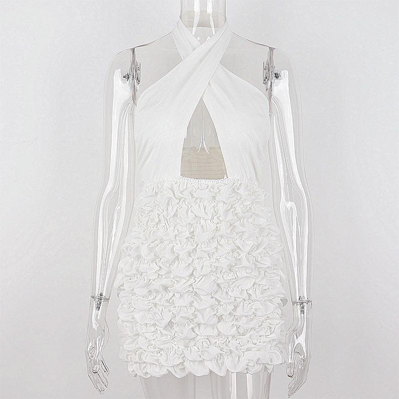 Crossover Halter Keyhole Cutout Tiered Ruffle Mini Dress