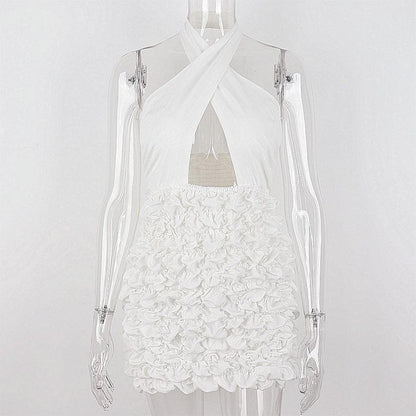 Crossover Halter Keyhole Cutout Tiered Ruffle Mini Dress