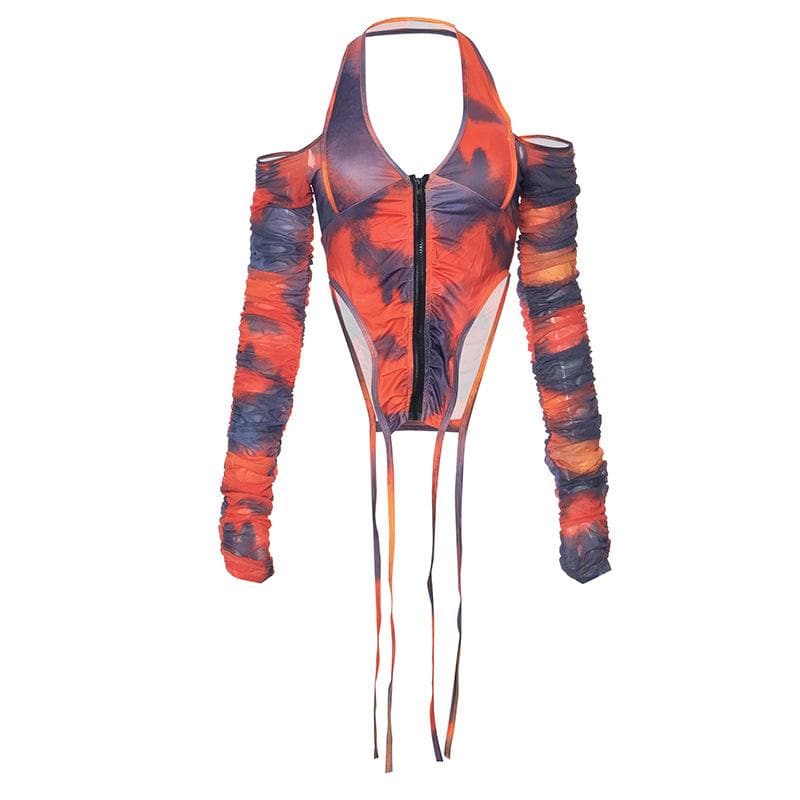 Halter long sleeve off shoulder zip-up ruched top