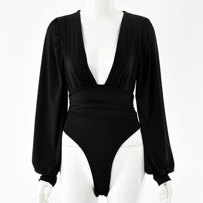 Halibuy Double layered deep v neck ruched solid bodysuit - Final Sale