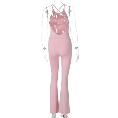 U neck cross back solid backless cami jumpsuit