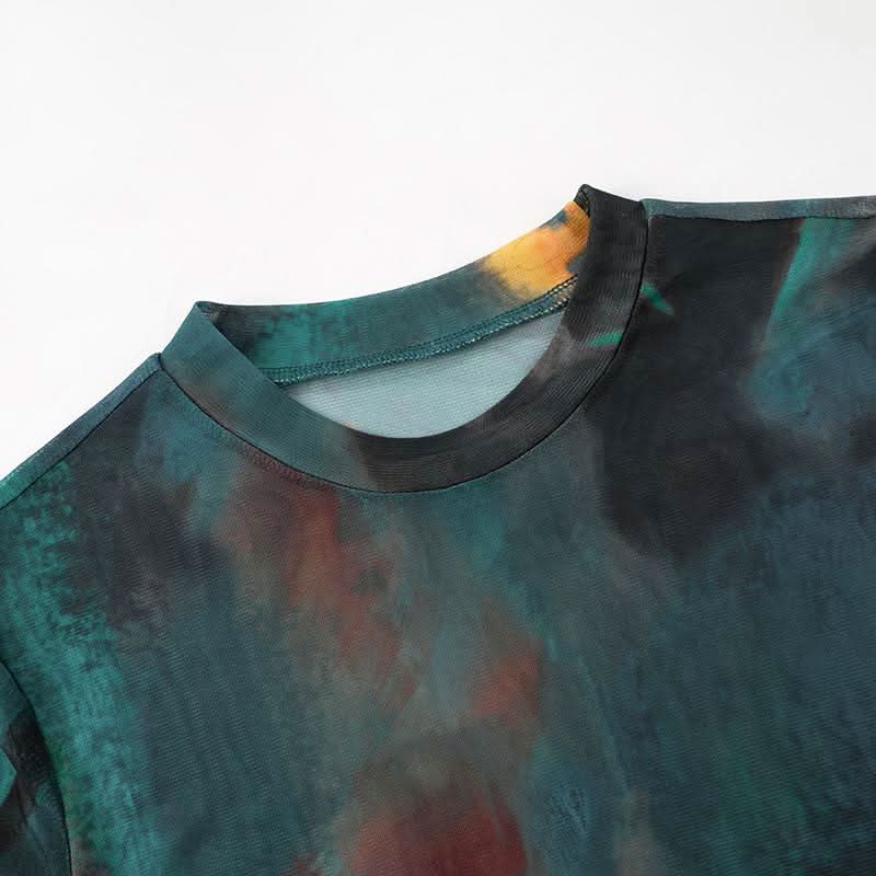 Long sleeve crewneck sheer mesh button print bodysuit