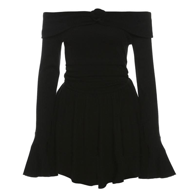 Flower applique off shoulder long flared sleeve slit mini dress-final-sale