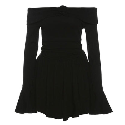 Flower applique off shoulder long flared sleeve slit mini dress-final-sale