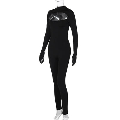 Long sleeve hollow out gloves solid zip-up jumpsuit