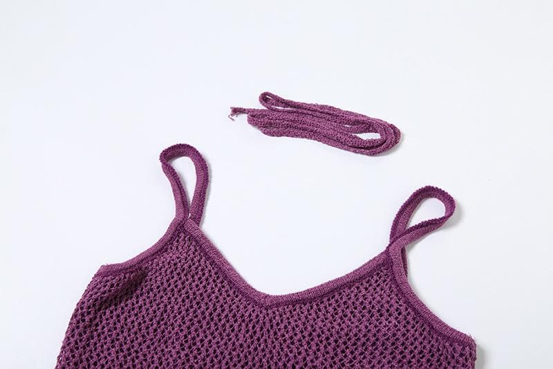 U neck knitted hollow out solid cami cut out top
