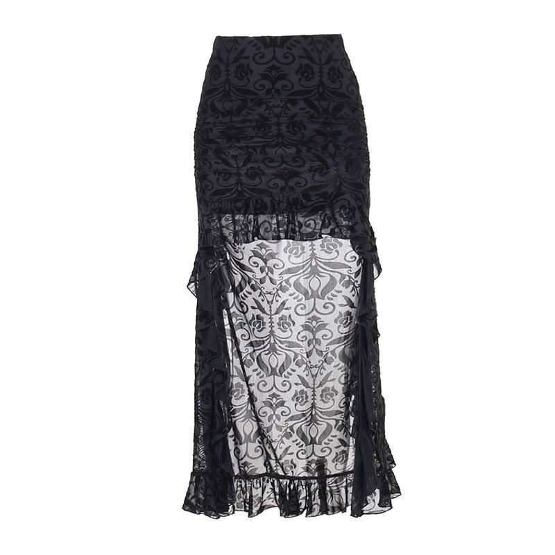 Irregular ruffle ruched print mesh mini skirt