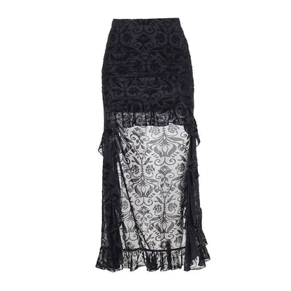 Irregular ruffle ruched print mesh mini skirt