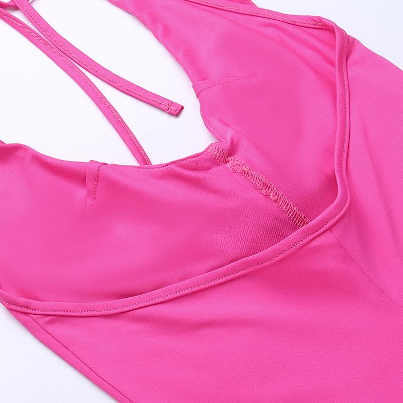 Halter flower applique backless ruffle u neck solid mini dress