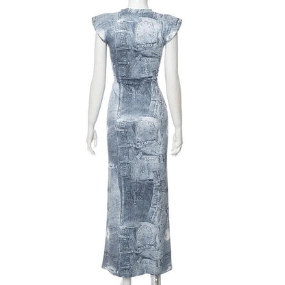 Cap sleeve crewneck denim print maxi dress