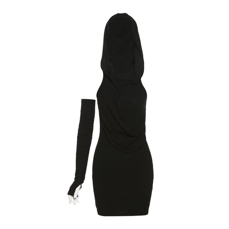 Rib Knit Hood Cowl Overlay Single Glove Sleeve Bodycon Mini Dress