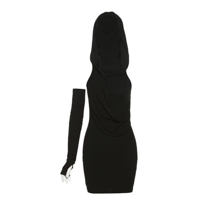 Rib Knit Hood Cowl Overlay Single Glove Sleeve Bodycon Mini Dress