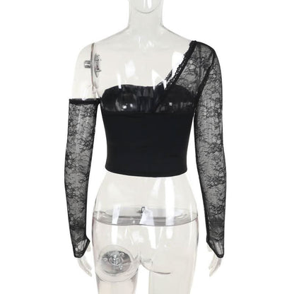 One shoulder long sleeve patchwork lace top
