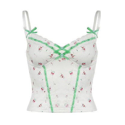 Flower print lace hem bowknot cami top