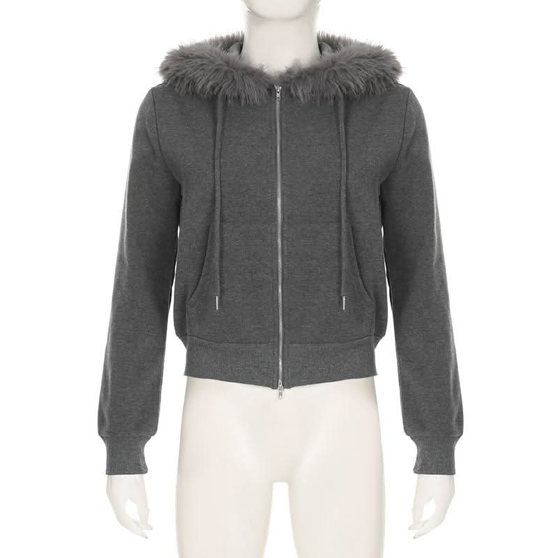 Hoodie long sleeve fluffy zip-up coat top