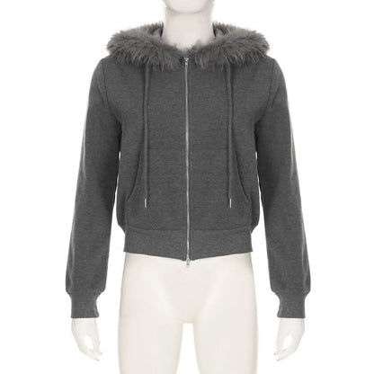 Hoodie long sleeve fluffy zip-up coat top