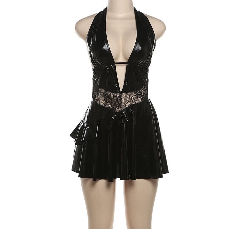 Halter PU leather lace patchwork ruched drawstring mini dress