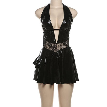 Halter PU leather lace patchwork ruched drawstring mini dress