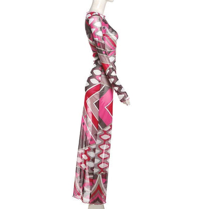 Long sleeve ruffle abstract mesh maxi dress-final-sale