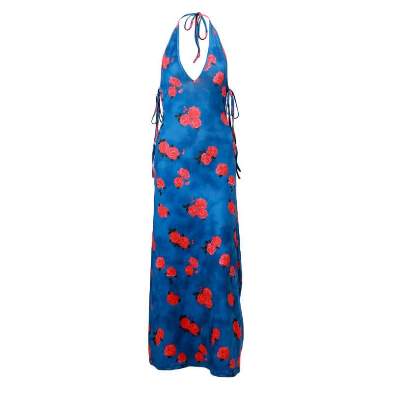 Halter Neck Side Lace Up Floral Print Bodycon Maxi Dress