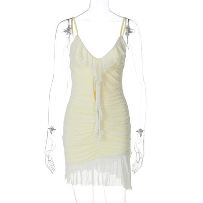 V neck ruffle hollow out ruched mesh cami cut out mini dress