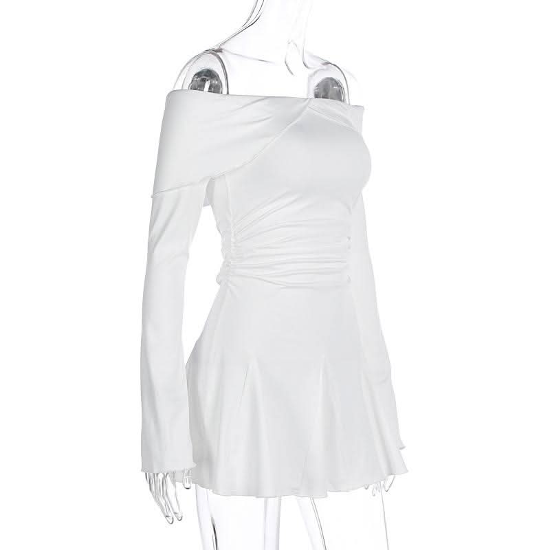 Off shoulder long sleeve ruched ruffle mini dress