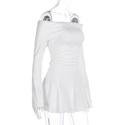 Off shoulder long sleeve ruched ruffle mini dress