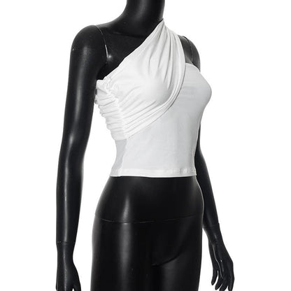 One shoulder irregular ruched solid crop top