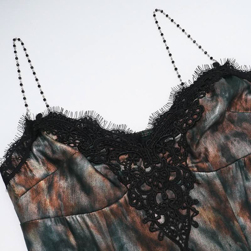 V neck contrast mesh beaded cami maxi dress