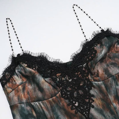 V neck contrast mesh beaded cami maxi dress