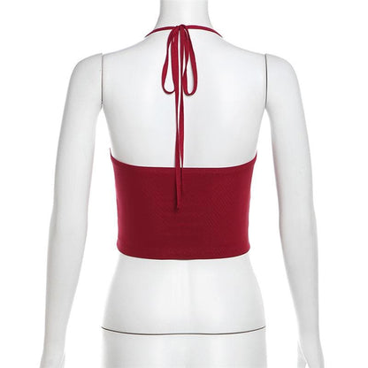 Halter ruched hollow out beaded cut out top