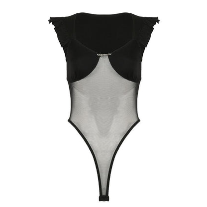 Mesh ruffle v neck metal tag bodysuit