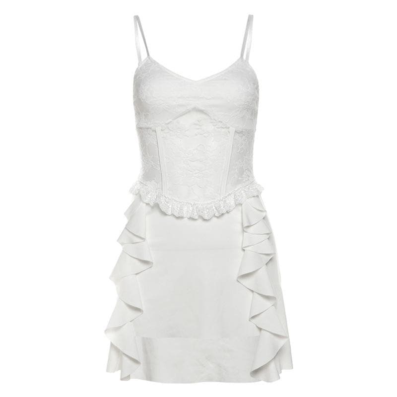 V neck ruffle lace patchwork cami mini dress