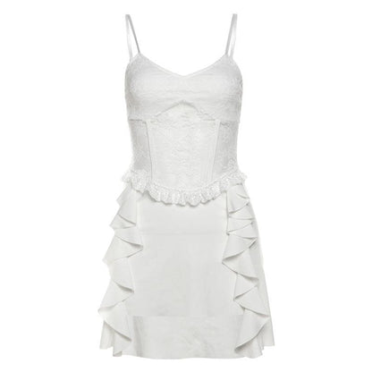 V neck ruffle lace patchwork cami mini dress