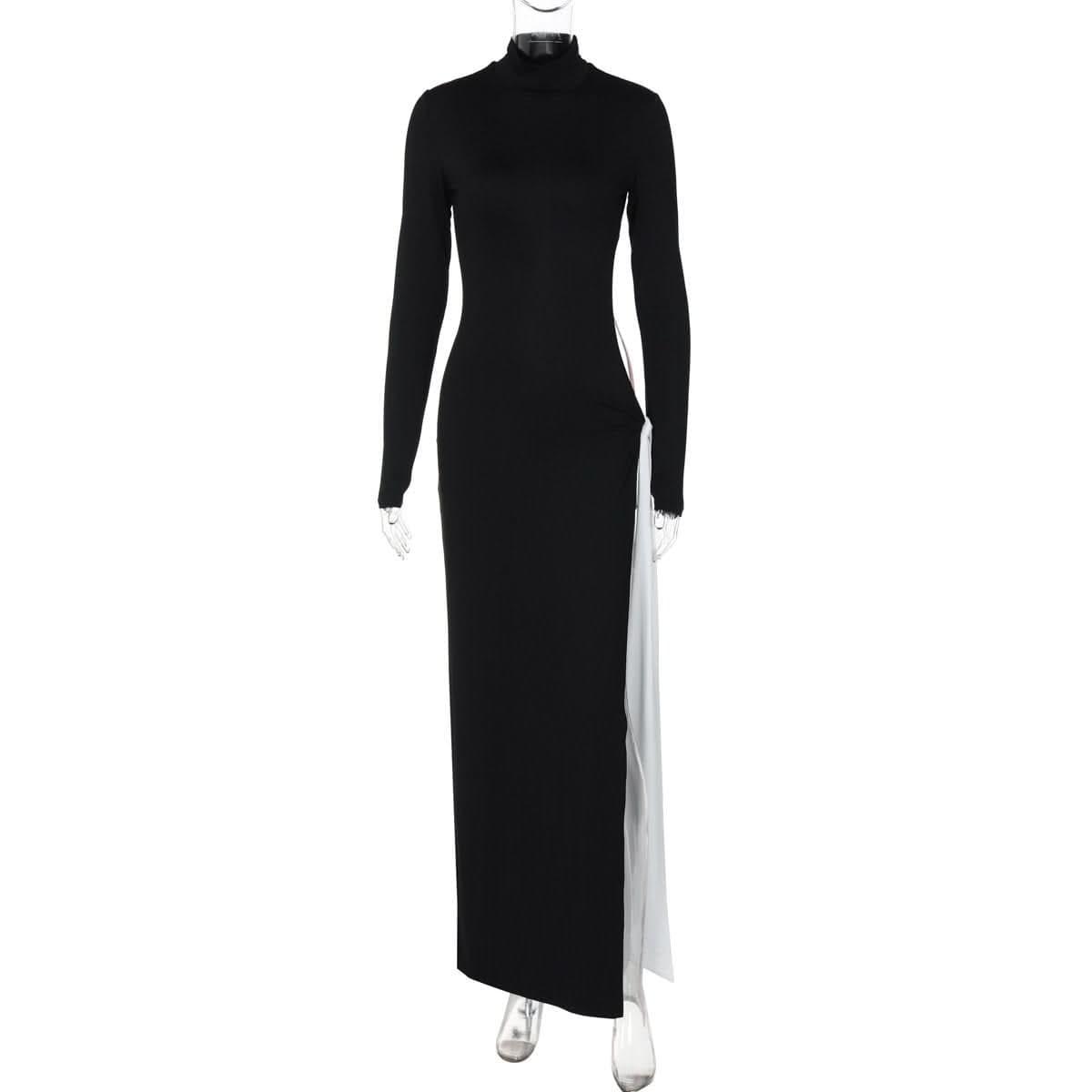 High neck long sleeve hollow out slit knotted cut out maxi dress-final-sale