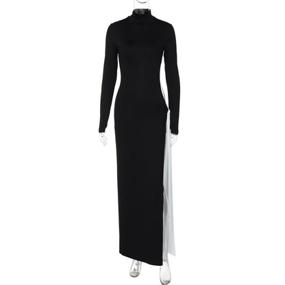 High neck long sleeve hollow out slit knotted cut out maxi dress-final-sale