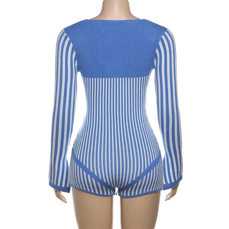 Slit long sleeve deep V neck striped self tie romper