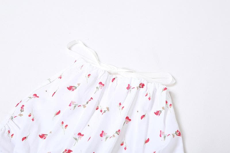 Flower print contrast ruched backless self tie halter top