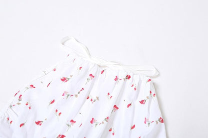 Flower print contrast ruched backless self tie halter top