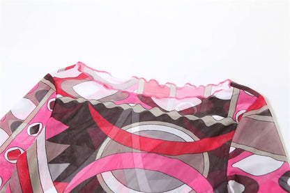 Long sleeve ruffle abstract mesh maxi dress