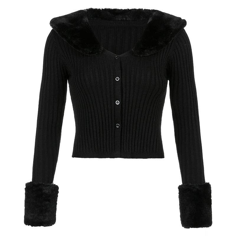 Button fluffy turnover collar knitted long sleeve cardigan top