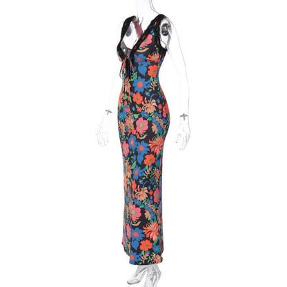 Lace hem sleeveless v neck flower print contrast maxi dress-final-sale
