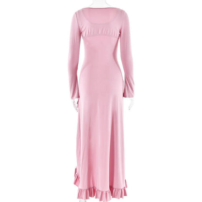 Long sleeve ruffle slit lace hem shrug 2 piece maxi dress